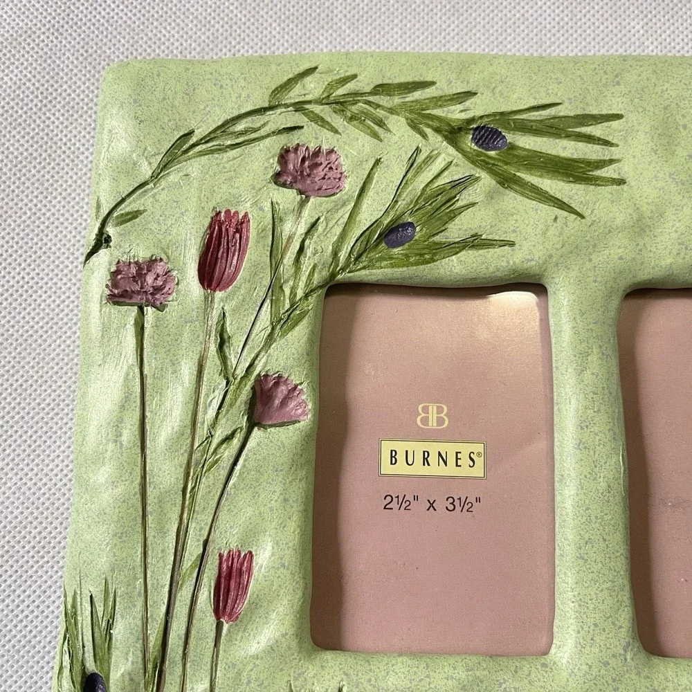 VTG 90s Green Resin Pink Flower Design 8.5x7 Photo Frame Whimsical Garden Floral